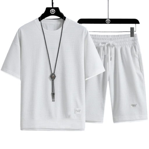 Herresæt med shorts, T-shirt med korte ærmer og O-hals, ensfarvet, polyester