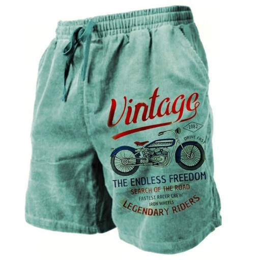 Herreshorts med åndbarhed og vintage-motorcykelprint. Let, løs pasform med snøre. Stilfulde, behagelige shorts til fritid og rejser.