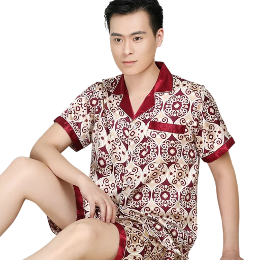 Herrpyjamas kort ärm och shorts med krage Knappstängning Fickor Polyester Röd med gyllene ornament