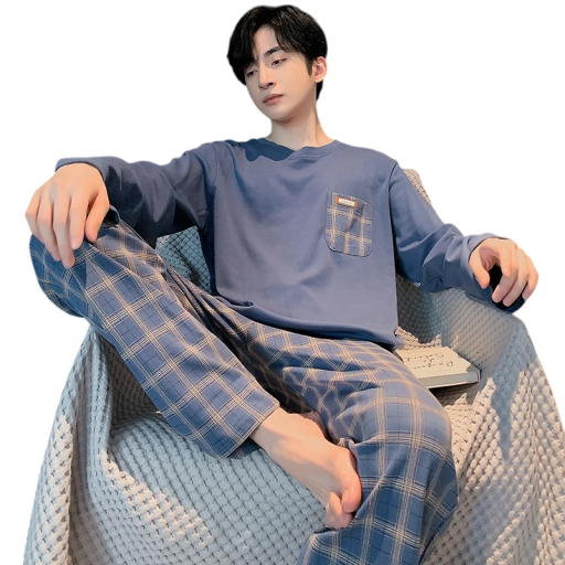 Herrpyjamas lång ärm och rutiga byxor O-hals Blått bekvämt pyjamas med ficka Polyester Spandex