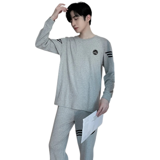 Herrpyjamas långärmad och byxor O-hals Polyester Spandex Grå bekväm pyjamas med emblem på bröstet