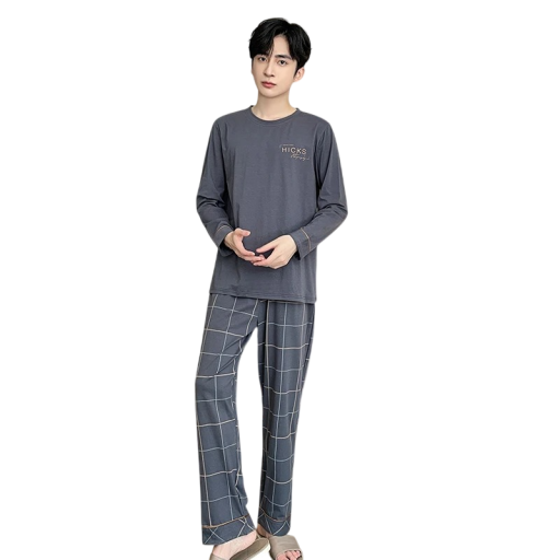 Herrpyjamas långärmad och rutiga byxor O-hals Polyester Spandex Grå pyjamas med tryck på bröstet