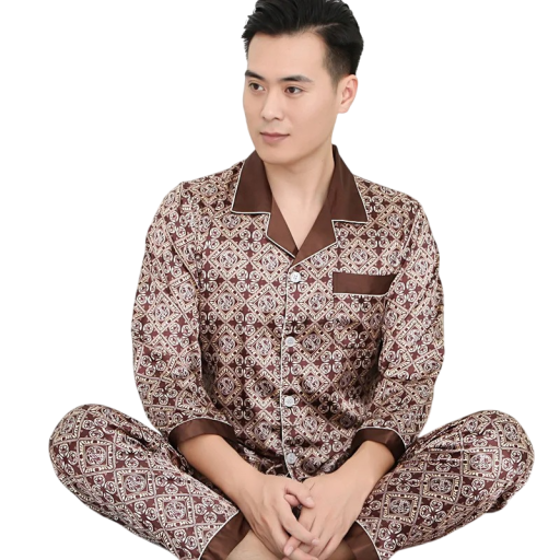 Herrpyjamas med lång ärm och byxor med krage Knappstängning Fickor Polyester Bruna med ornament