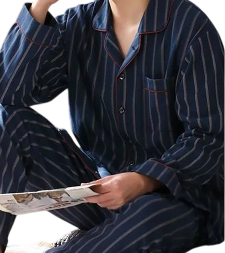 Herrpyjamas set tröja med lång ärm och byxor Knappstängning Fickor Krage Randig Mörkblå Polyester bomull