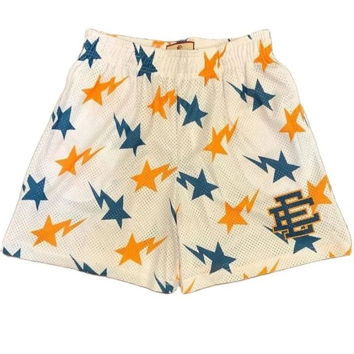 Herrshorts i mesh med sportdetaljer, lösa sommarshorts med stjärntryck, snabbtorkande shorts för träning och fritid