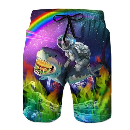 Herrshorts i polyester med regnbågstryck och astronaut på hajen, med snörning, sommarstrand- och poolbadbyxor