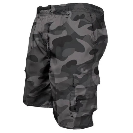 Herrshorts med kamouflagemönster, knälånga, lös passform, flera fickor, resår i midjan, slitstarka shorts för naturen, vandring, camping