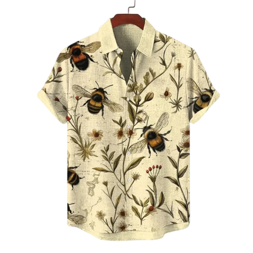 Herrskjorta med knäppkrage Kort ärm Polyester Spandex Beige Tryck av humlor Sommarkjorta för fritid