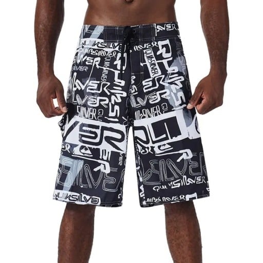 Herrsvarta surfshorts med vit tryck badbyxor med snörning och sidoficka lös passform knälängd