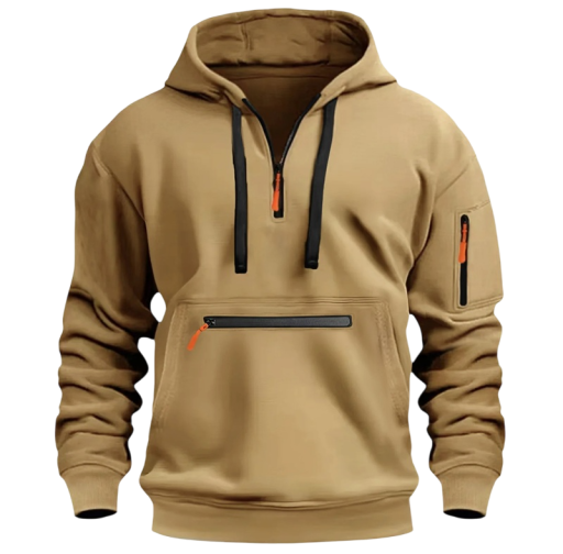 Herrtröja med huva och V-ringning med dragkedja Enfärgad hoodie med ficka på magen Extra ficka med dragkedja Fickor för händer Polyester
