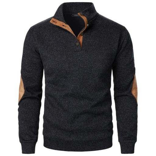 Herrtröja med lång ärm och krage Enfärgad elegant tröja med knappar vid kragen Bruna lappar på armbågarna Polyester Flera färger