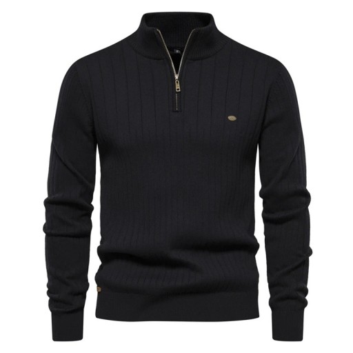 Herrtröja med zip-up polokrage Lång ärm Enfärgad stickad tröja Elegant vintermode Bomull Lycra Bekväm tröja Flera färger