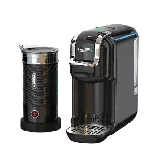 HiBREW H2B 5v1 viacnásobný kávovar 20Bar s našľahačom mlieka na horúcu aj studenú kávu kompatibilný s DG, Nespresso kapsulami, ESE Pod a mletou kávou