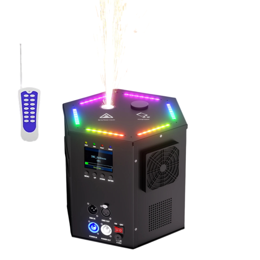 Hideg szikra gép szökőkút 700 W RGB LED effekt DMX és távirányító 2-5,5 m magasság 200 g tartály Fekete Színpadra, bulikra és show-kra
