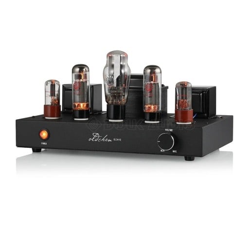 HiFi elektronkový zesilovač single-ended třídy A 2× 10 W, elektronky EL34C a 6SN7GT, ocelové šasi, RCA vstup, černý, pro domácí stereo