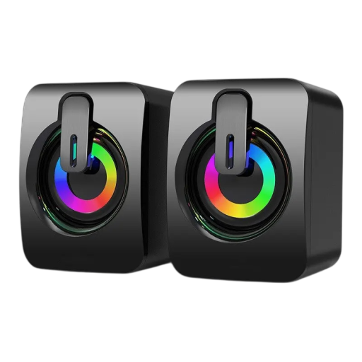 HiFi Stereo USB Kabel Lautsprecher mit RGB LED Beleuchtung 2.0 Schwarz für Desktop-Computer, Laptops und Monitore zum Arbeiten und Spielen