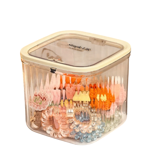Hiustarvikkeiden säilytyskotelo kannella 15,2x15,2x14,2 cm PP+PET läpinäkyvä beige laatikko kuminauhojen ja klipsien järjestämiseen