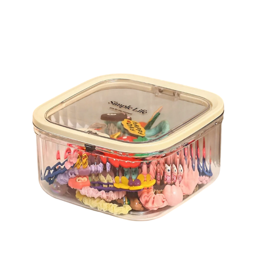 Hiustarvikkeiden säilytyskotelo kannella 15,2x15,2x8,5 cm PP+PET läpinäkyvä beige kotelo tarvikkeiden organisointiin