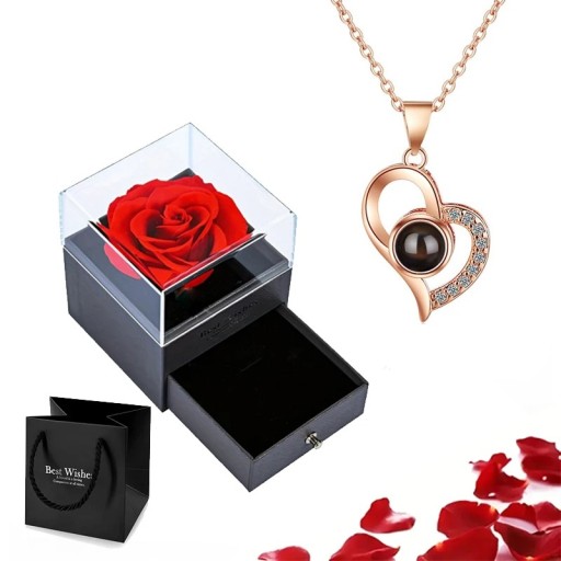 Hjärtformat projektionshalsband set med I love you på 100 språk och rosa presentask Titanium kedja