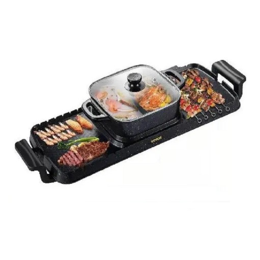 Hjem Røgfri elektrisk grill med gryde 2400 W 110 V Multifunktionel rektangulær grill med grillsæt To grillområder 73,5 x 26,5 x 19 cm