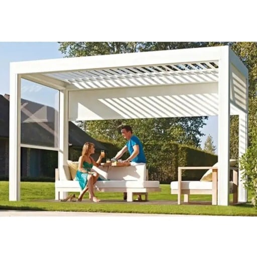 Hliníková bioklimatická pergola s ruční výklopnou žaluziovou střechou rozměr 3 x 4 m vodotěsná a větruodolná bílá na terasu zahradu i k autu