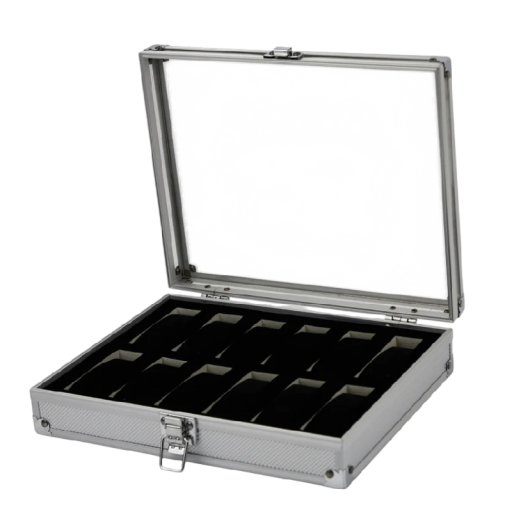 Hliníkový kufr na hodinky s 12 sloty 26x21x6,7 cm skleněné okénko stříbrný pro uložení a vystavení hodinek