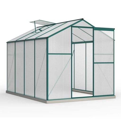 Hliníkový skleník se základnou střešním oknem a posuvnými dveřmi rozměr 253 x 190 x 200 cm z polykarbonátu 4 mm tmavě zelený na rostliny
