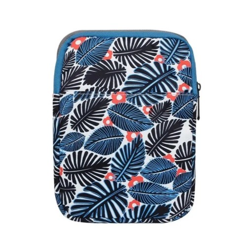 Hoes voor e-reader met rits 15 x 21 cm textiel gewatteerd blauw-wit met bladerenprint voor rugzak en tas