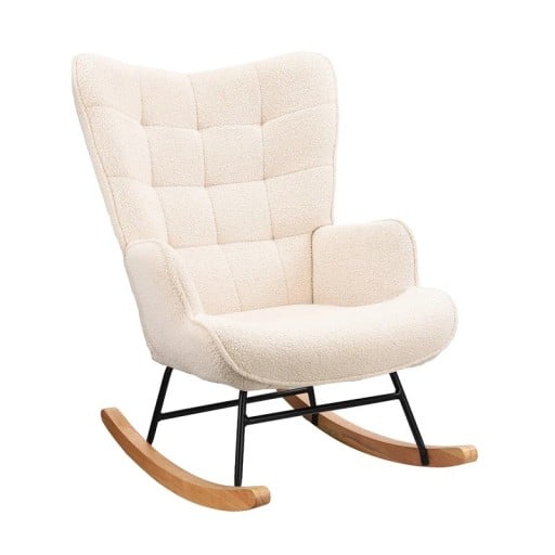 Hojdacie kreslo s vysokou opierkou a mäkkým bouclé poťahom, rozmery 92 x 68 x 75 cm, nosnosť 130 kg, do obývacej izby a spálne