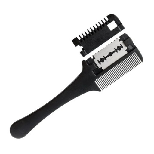 Holičský hrebeň so žiletkou 19 x 4,5 cm Obojstranný strihací hrebeň na vlasy a fúzy Výmenné čepele Profesionálny barber nástroj
