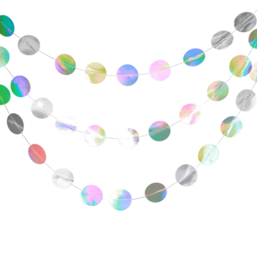 Holographic Garland with Round Paper Circles 3 m Paper Hanging Decoration with Rainbow Holographic Effect Silver Party Decoration