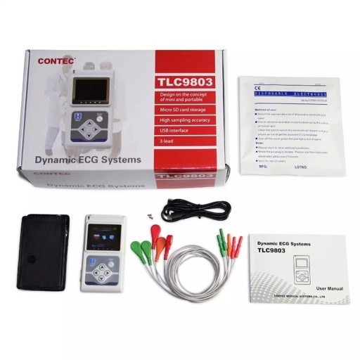 Holter EKG TLC9803 înregistrare pe 3 canale 24 de ore ecran colorat software PC pentru analiză cu husă și cablu USB alb pentru monitorizare