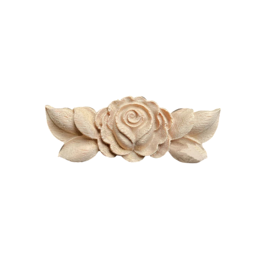 Holz geschnitzte Applikation Rose mit Blättern 9 × 3,5 cm massivem Holz natürliche helle Dekoration für Möbel Schubladen und Schränke