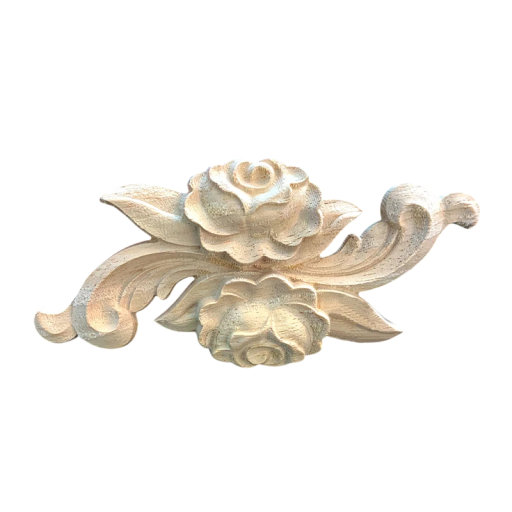 Holz geschnitzte Applikation Rose mit Ornament 10 × 5 cm massivem Holz natürliche helle Dekoration für Möbel Schubladen