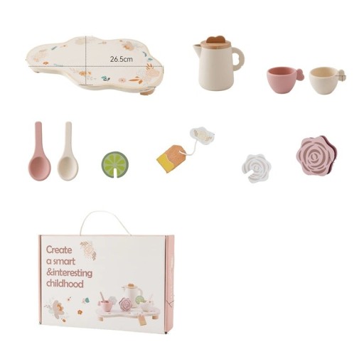 Holz Montessori Teeset für Kinder mit Kanne, 2 Tassen, Tablett und Löffeln BPA-frei, Lernspielzeug für Kleinkinder, Küchenspielzeug