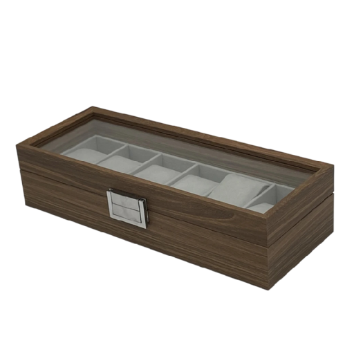 Holz-Uhrenorganisator mit 6 Fächern 31x12x7,5 cm Vitrinenbox mit Glasdeckel braun zur Aufbewahrung der Kollektion
