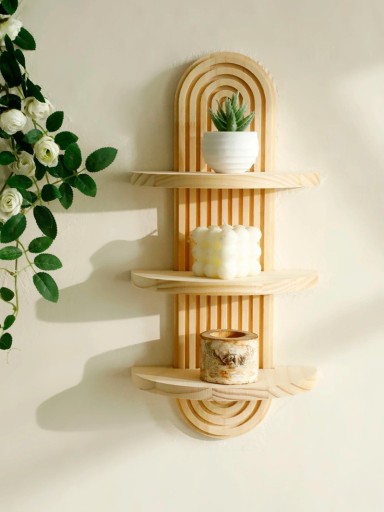 Holz Wandregal im Boho-Stil mit 3 Regalen für Dekorationen und Pflanzen an der Wand