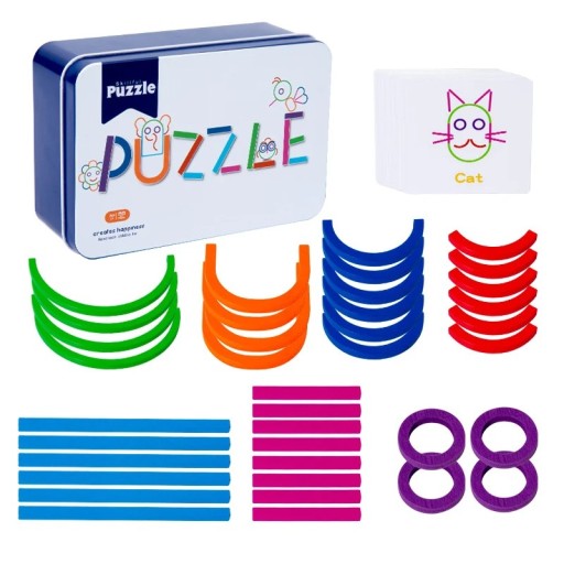 Holzpuzzle kreativ mit Karten 13,5 x 9 x 4,8 cm faltbares Lernspiel farbiges Bauen von Formen und Bildern für Kinder