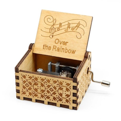 Holzspieluhr mit dem Schriftzug Over the Rainbow Handaufzug 6,4 × 5,2 × 4,2 cm Holz natur Gravur Dekoration