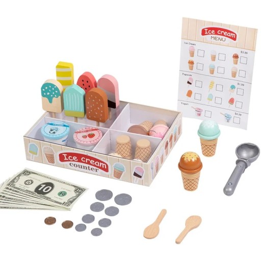 Holztisch mit Eis Montessori Spielzeug für Kinder Stand mit Bechern 6 Geschmacksrichtungen Eis Menü und Spielgeld Küchenspielzeug