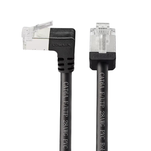 Hoogwaardige netwerkkabel Cat6a RJ45 met 90° haakse connector 1 m 28AWG FTP PVC zwart voor aansluiting van router, switch en TV