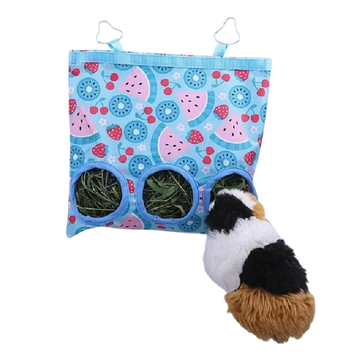 Hooi zak voor knaagdieren 27 x 25 cm Blauwe zak voor stro met fruitmotief 3 openingen voor voeding Voerzak voor konijnen cavia's chinchilla's