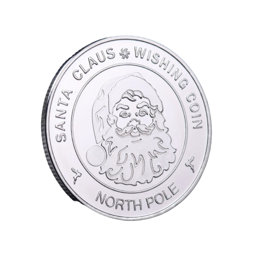 Hopeinen juhlaraha, jossa on joulupukki Muistoraha, jossa on joulutervehdyksiä Kaksipuolinen jouluraha, jossa on joulupukki ja poro, 4 cm