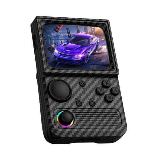 Hordozható retro játékkonzol 128 GB 22000+ játékkal fekete karbon mintázat RGB háttérvilágítással zsebméretű játékhoz