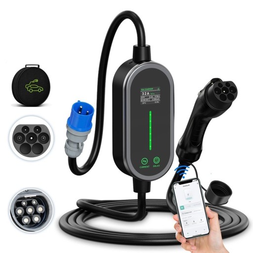 Hordozható töltő elektromos autóhoz 7,2 kW 32A 1 fázisú GB/T WiFi és Bluetooth alkalmazással 3,5 m kábel otthoni töltéshez
