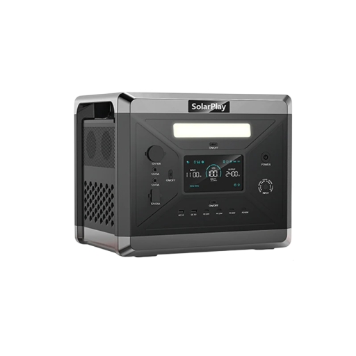 Hordozható töltőállomás SOLARPLAY Q2501 2400 W kapacitás 2160 Wh LiFePO4 akkumulátor 39,1 x 31,9 x 28,5 cm fekete kempinghez és otthonra