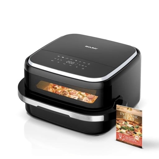 Horkovzdušná fritéza na pizzu o průměru 30,5 cm s duálním ohřevem a průzorem o objemu 4,2 l s příkonem 2200 W a 11 programy v černé barvě