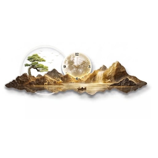 Horloge murale avec lumière LED 100 x 35 cm Montagnes avec arbre et lac Lumière blanche chaude Décoration murale moderne
