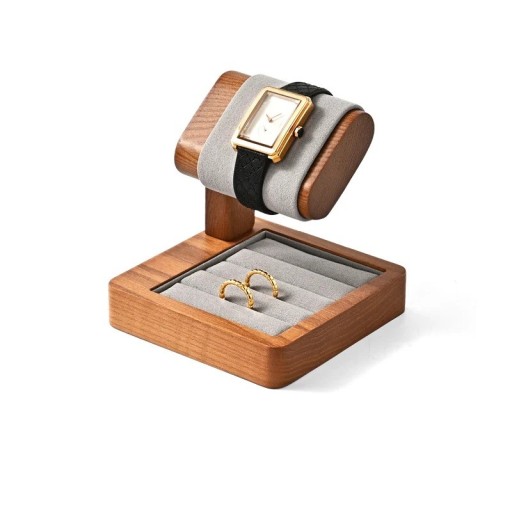 Horlogehouder met ringenorganizer 10 × 10 × 2 cm houten standaard met kunstleren kussen en microvezel inzetstuk