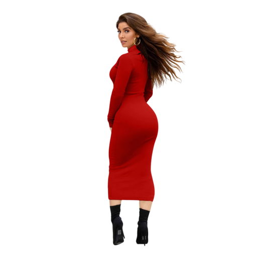 Hosszú, testhezálló ruha garbóval Elegáns elasztikus ruha hosszú ujjal Bodycon design estélyi és társasági alkalmakra